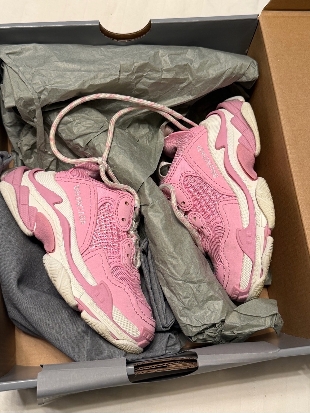 Balenciaga Pink and White Triple S-Style Chunky Sneakers